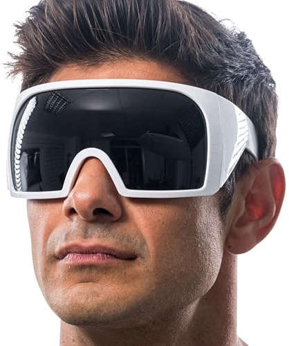 Chaks - Lunettes de soleil futuristes, verres teintés, lunettes de soirée | Modèle flat top avec frange continue, accessoire pour festivals et soirées, effet miroir
