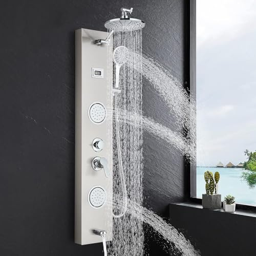 Zamery Duschpaneelsystem 4 Duschmodi Regenfall, Wasserfall 2 Körpermassagedüsen Wannenauslauf Handbrause Schlauch Duschsystem 304 Edelstahl Gebürst
