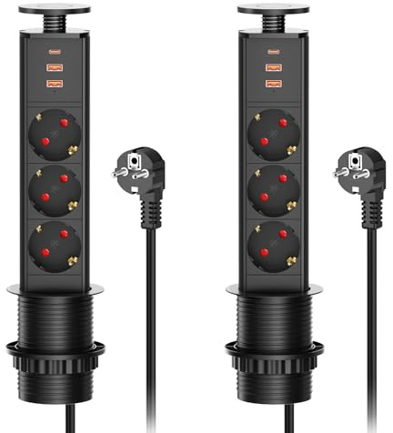 2 pcs - Multiprise Encastrable Bloc Prise Escamotable, Electrique 3 Prises avec USB C et 2 USB, Prise Plan de Travail Table, 4000W/16A, Ø 60mm Câble 1,8m - pour Cuisine Bureau Noir