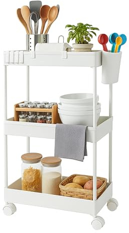 Relaxdays Rollwagen, 3 Etagen, Servierwagen, Küchenwagen Bad & Büro, Rollregal, HBT: 62,5x40x22 cm, Bastelwagen, weiß