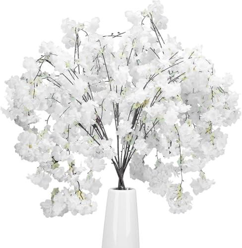 Minnhua 6PCS Rami Fiori di Ciliegio Finti 134CM Fiori Ciliegio Finti Bianco Fiori di Ciliegio Fiori Artificiali di Seta Bouquet Fiori Finti Ciliegio Fiori Finti per Decorazioni Matrimoni Giardino