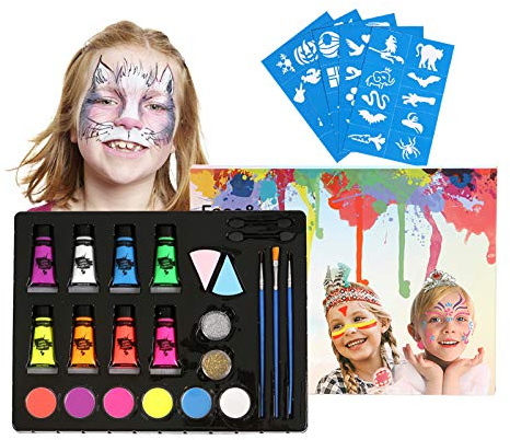 Professional Face Paint Kit with 50 Stencils 6 Facepaints 8 Glow Neon Paints 2 Glitter Powders Sponges 3 Artist Brushes Eye Shadow for Safe Body Painting Bright Vivid Colors Easy t