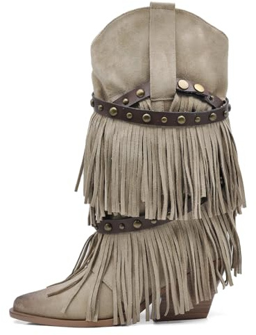 IF Stivali Texani da Donna Western Cowboy Cowgirl in Camoscio Sintetico con Borchie e Frange Rimovibili a 3 Strati Tacco Medio Stile Camperos GA053 Beige N.37