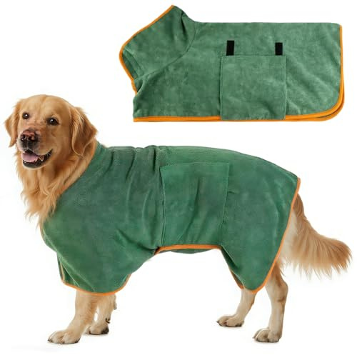 HIVTE Peignoir & Serviette de Séchage pour Chien - Microfibre à Séchage Rapide & Absorbant avec Col et Taille Réglables (Vert Foncé-S)