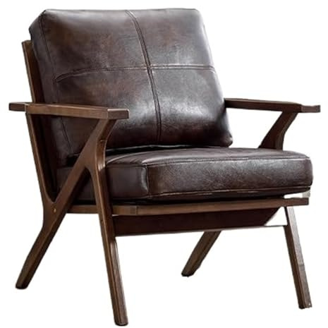 NJIEzhao Mid-Century Modern Wood Frame Accent Chair, PU läder vardagsrum möbler, tjock vadderad armstol för bekväm sittplats