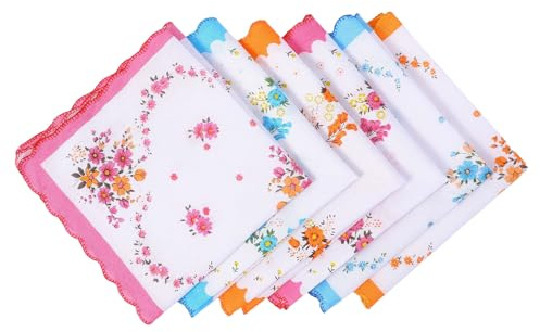 Shimmeroo 6 stycken blommor, broderade näsdukar dam bomull näsdukar, 30 x 30 cm – blå, orange, rosa
