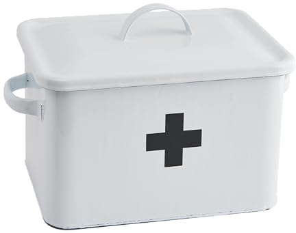 Enameled First Aid Box with Lid & Black Cross on Front