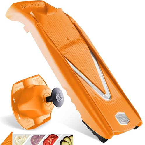 Börner Gemüsehobel V5 (Basis Set) • V-Hobel für Scheiben in 4 Schnittstärken • Scheibenschneider mit Edelstahl V-Klinge • Verstellbarer Küchenhobel für Gemüse & Obst • Farbe: Orange