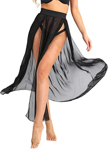 CHICTRY Strandkjol dam lång med slits transparent bikini täcka strandklänning sommar pareo-duk chiffong maxikjol i svart vit, svart, S