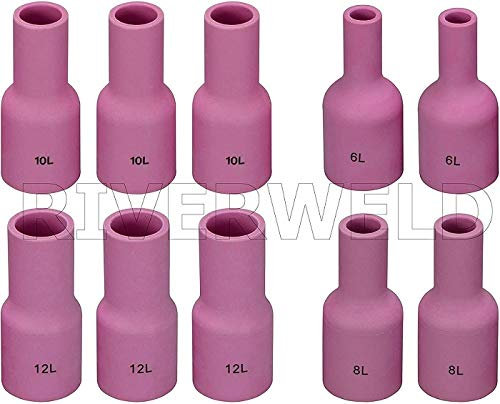 RIVERWELD TIG Lentille à Gaz Busette en Céramique d'Alumine Diamètre Jumbo Grand Longues 53N87L 12L, 53N88L 10L, 57N74L 8L, 57N75L 6L for SR WP 9 17 20 18 26 TIG Welding Torch 10pcs