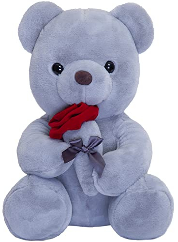 Orsacchiotto peluche con rosa, simpatico peluche giocattolo, idea regalo per bambini, ragazzi, ragazze, compleanno, Natale, San Valentino (35 cm, grigio)