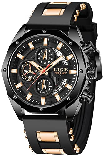 LIGE Herren-Armbanduhr, modisch, Chronograph, Edelstahl, wasserdicht, analog, Quarz, Leuchtend, großes Zifferblatt, Sport, klassisch, Uhr, schwarz, 8.07, Riemen