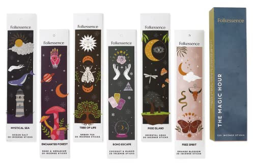 Folkulture Incense Sticks 6er-Set (120 Räucherstäbchen) für eine Positive Aura Kokosnuss-Mango, Orientalisches Aqua, Grüner Tee, Meersalz, Rosengeranie, Orangenblüte, Magische Stunde