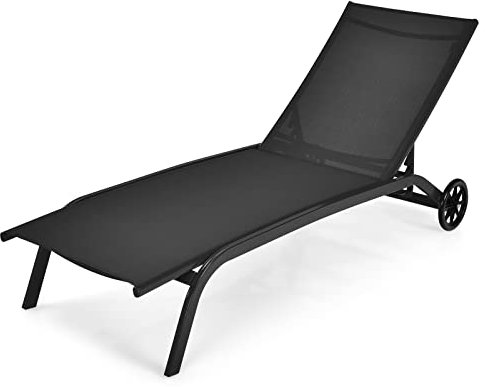 GIANTEX Sonnenliege, Gartenliege mit Rollen, Liegestuhl mit 6-Fach Verstellbarer Rückenlehne, Outdoor Liege für Garten, Balkon & Pool, belastbar bis 150kg, 191 x 61 cm (ohne Sonnendach, Schwarz)