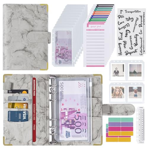 Budget Planner Budget Binder A6 Cash Stuffing Umschlagmethode Pu-Leder Ringbuch Sparbuch mit Folien Zubehör, Finanzplaner für Geld Organizer, Geld Sparen Mappe (Grau)