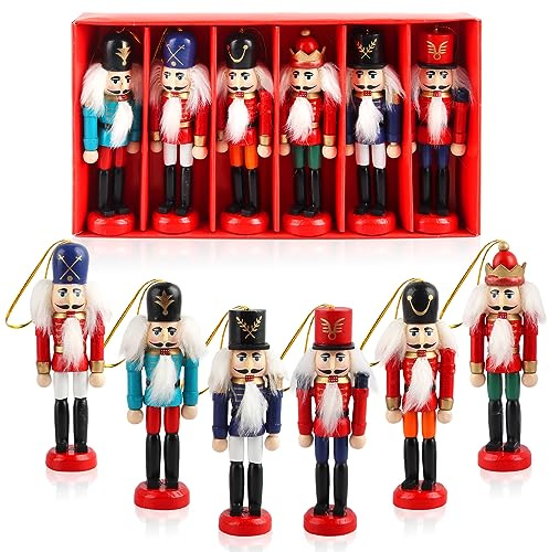 WDJLNZB Figura de cascanueces de soldado, 6 unidades de cascanueces de madera, pintado a mano, figuras colgantes de madera, adornos decorativos para fiestas tradicionales