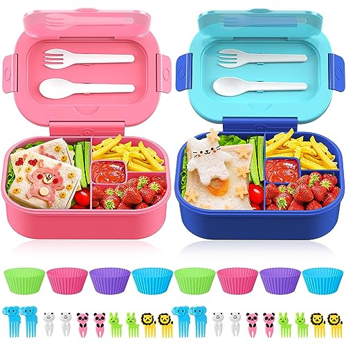 TIME4DEALS Bento Box Kid Adult Lunch Box 2 Pack, Leakproof Bento Lunch Container 4 Compartment Bento-Style Lunchbox with Utensil Set, On-the-Go Meal and Snack Packing for School, Work, Picnic