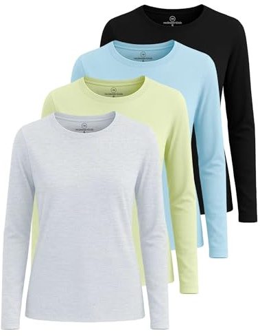 Real Essentials 4 Pack: Women's Cotton Classic-Fit Long-Sleeve Crewneck T-Shirt - Set 3, L