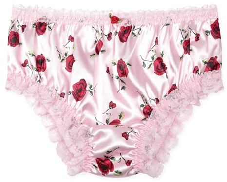 Satini Satin Frilly Lace Briefs | Lustrous Silky Sheen, Fabric Rose Detail, Wide Gusset Comfort, Versatile Occasion Wear, Panties, Sizes S-XXL