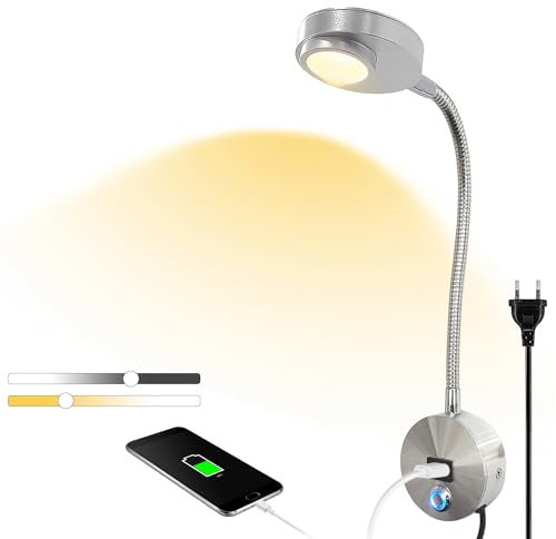 Leselampe Wandmontage LED Bettlampe Dimmbar Wandleuchte mit Touch Schalter und USB-Ladeanschluss 360° Flexible Schwanenhals Lampe Silber Wandlampe mit Stecker und Kabel Schlafzimmer Nachttischlampe