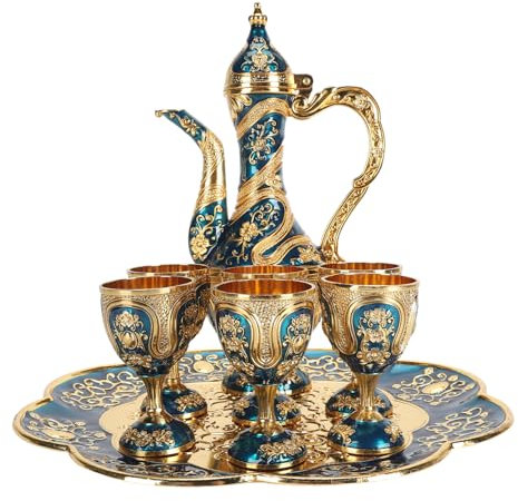 Turkish Tea Set with Decorative Gold and Blue Design, Vintage Zinc Alloy Teapot, 6 Cups, Serving Tray