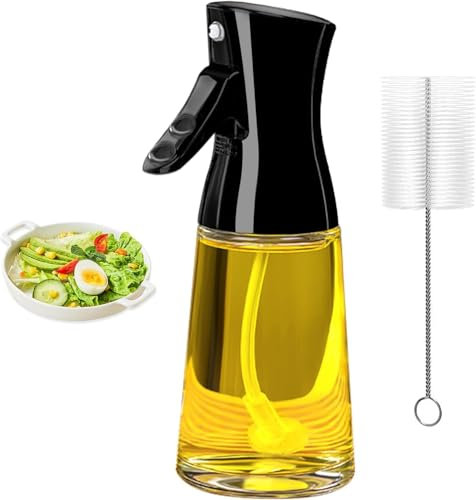 Ztarraum Black Glass Oil Dispenser Bottle, 180ML, Larger Nozzle, Non-Slip Push Handle, Fan-Shaped Atomizing Nozzle, Refillable, Cooking Oil Sprayer, Kitchen Gadget