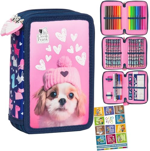 Goldkids - Federmäppchen 3 Fächer - Mäppchen für Mädchen und Jungen - Federmappe 3-Fach Federtasche Gefüllte Schüleretui 44-teilig - Schulmäppchen und Hausaufgabenheft - Hund Motiv