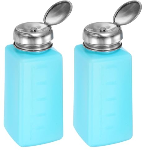 HARFINGTON 2pcs Solvent Alcohol Dispenser 250ml(8.5oz) Push Down Liquid Dispenser Pump Bottle with Sealing Stainless Steel Lid for Acetone Cleanser Polish Remover, Blue