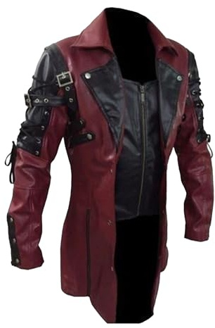 ZDJSWJ Chaqueta gótica Steampunk para hombre Chaqueta de equitación de moto de cuero Punk gabardina abrigo de piel sintética, rojo, L