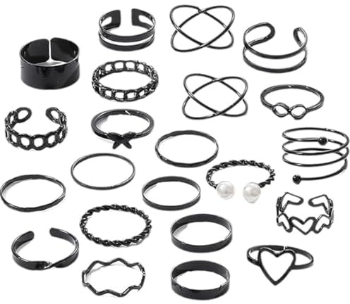 HSKRKOW 22 Pezzi Set Anelli Donna Acciaio Inossidabile, Anelli Donna Regolabili, Boho Anelli Aperto Minimalista Impilabili Anelli, Nocche Anello Con Cuore Farfalla Serpente Donna(Nero)