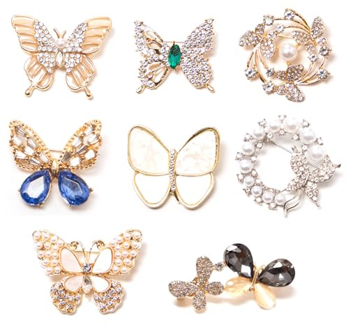 Neikafan 8 Broches de Mariposa para Mujer, Broches de Perlas de Estrás, Mariposas, Broche Dorado y Plateado, Botones Instantáneos para Ropa, Insignias de Clip para Bufandas, Abrigos, Ropa