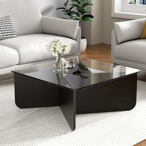 URCheers Couchtisch aus Glas, 5mm Gehärtete Glasplatte, Modern Couchtisch, Beistelltisch, Wohnzimmertische, Sofatisch, Coffee Table, Massivholzsockel, für Vor Dem Sofa Im Wohnzimmer