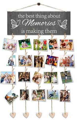 Zamety Logo in Legno Appendi Foto da Parete, Creativa Portafoto con Mollette, Tra Cui 20 Mollette per Foto e 6 Corde di Canapa+5 forme di cuore, Un Regalo per la Famiglia e gli Amici Portafoto Parete
