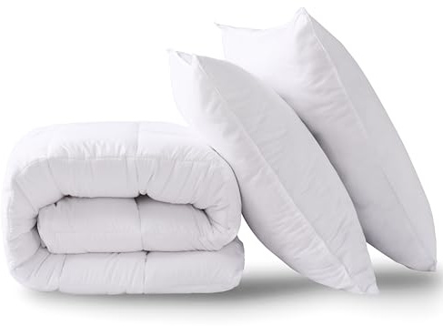HIG Couette 4 Saisons 200x220 cm avec 2 Oreillers – Tempérée 250 GSM en Microfibre, Lavable en Machine, Certifiée OEKO-TEX – Pour lit de 2 personnes (Blanc)