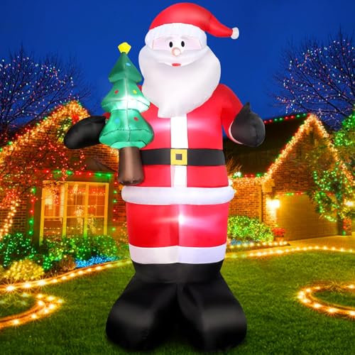 Omdekor Babbo Natale Gonfiabile 245 cm con LED, 8 Piedi, con Figura con Albero di Natale, Gigante Decorazione Natalizia IP44 Resistente alle Intemperie per Giardino, Cortile e Casa