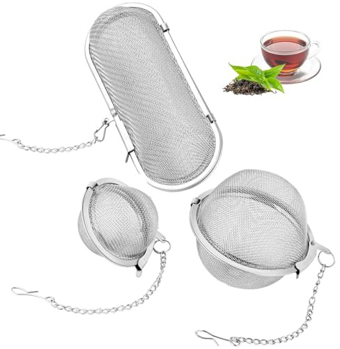 3 Piezas Infusor de Té, Inoxidable Colador de Té de Acero con Cadenas Malla Fina Filtro de Te Reutilizable Infusionador Filtro Te para Tazas Tetera Café Ollas (Elíptico, Esférico)