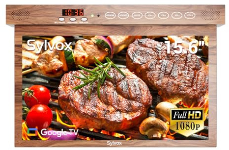 SYLVOX 15.6 Pollici TV per Cucina Ribaltabile, Mini Smart Google Televisore 1080P FHD - 12V Pieghevole a 90°, Girevole ± 180° | DVB-T2/S2 | USB | Kitchen Televisione per Camper, Camera - Legno