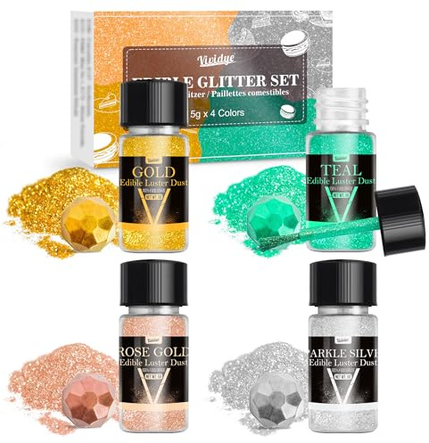 Set di glitter commestibili, 4 colori, metallici, con glitter commestibili per bevande, torte, cocktail, fondente, cioccolato, colorante alimentare in polvere per decorazioni di Halloween, 5 g