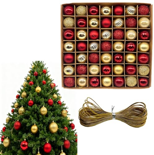 Diyxisk Weihnachtskugeln, 49 Stück Christbaumkugeln, 3cm Weihnachtskugeln Gold, Weihnachtsbaumkugeln, Als FWestliche Dekoration für Partys, Einkaufszentren und Büros (Rot/Gold)