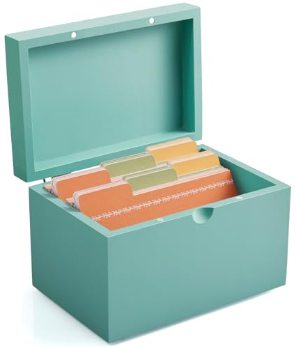 DRASTAR 3x5 Index Card Box, Small Recipe Box, Wooden Index Card Organizer with 45 Dividers, Flashcard Organizers Teal