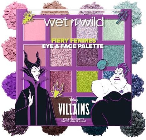 Wet n Wild x Disney Villains Fiery Femmes Eye & Face Palette, Palette 16 Ombretti ad Alta Pigmentazione per il Viso, Tonalità Matte, Shimmer e Glitter