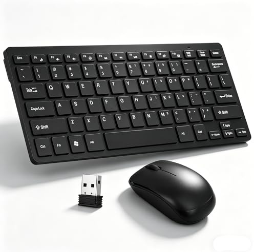 Ticfox Teclado y Ratón Inalámbrico Bluetooth de 2,4 GHz, Ratón Gaming Inalámbrico, Teclado de Tamaño Completo, Adaptador USB Plug-and-Play para Escritorio, portátil, Notebook (Negro)