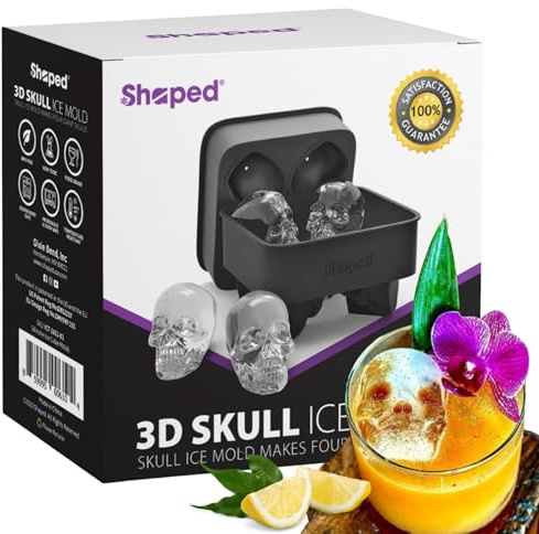 3D Skull Flexible Silicone Ice Cube Mold Tray, Makes Four Giant Skulls, Round Ice Cube Maker (Black)
