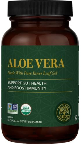 Global Healing Aloe Vera Bio-Active Organic Leaf Supplement - 200x Concentrate Formula with Highest Concentration of Acemannan - Aloin-Free - Gut Health & Immune Support - 60 Capsules