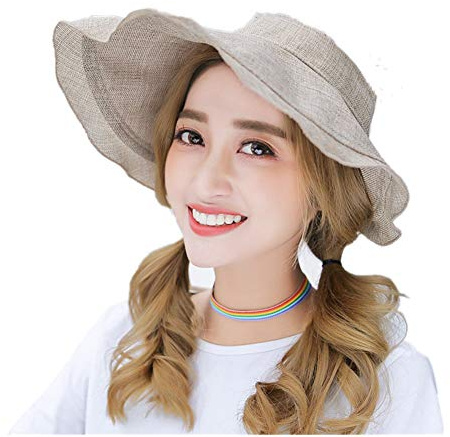 Casquette à Visière Femme Dame Chapeau de Soleil Plage en Lin Large Bord Protection Soleil Capeline Eté Pliable Réglable Capeline Respirant UPF 50+ Anti-UV pour Voyage Vacances Randonnée Camping Pêche