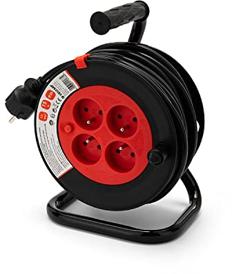 Velamp REEL-FR-15 - Alargador eléctrico (15 m, 4 enchufes, 16 A, sección 3G1,5 mm2), color negro y rojo