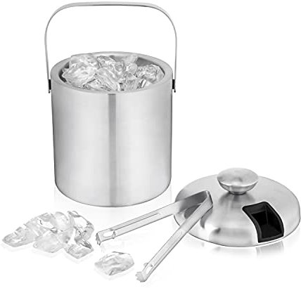 True Stainless Steel Ice Buckets for Parties with Lid, 1.3L Capacity Double Wall Ice Bucket with Tongs, Insulated Ice Bucket for Cocktail Bar, Set of 1