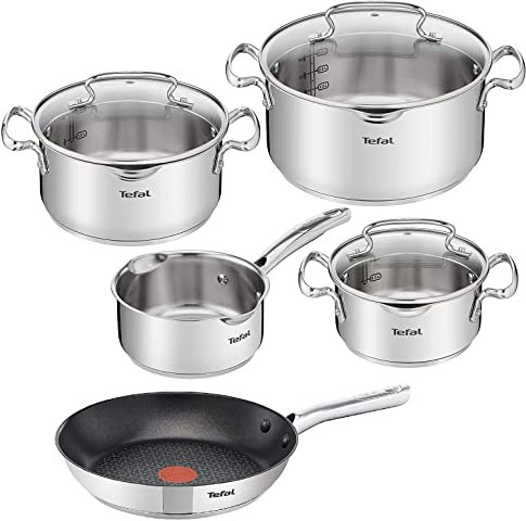 Tefal Duetto Plus Set di 8 pentole a induzione + coperchio in vetro con funzione colino, padella da 28 cm, in acciaio INOX lucido di alta qualità, casseruola