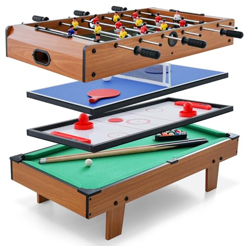 COSTWAY Mesa de Futbolín 4 en 1 con Billar, Ping Pong, Hockey y Accesorios Completos para Hogar, Sala de Juegos y Noches Familiares, Mesa de Juegos Multiusos para Niños y Adultos (Marrón)