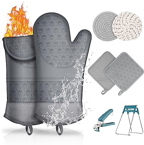 Gants de Four,YBQZ Gants de Cuisine 300°C Résistant à Chaleur Gants de Barbecue Antidérapant et Imperméable, Gants Gris avec Doublure en Coton Parfait pour BBQ Grillage Pâtisserie Four de Cuisson